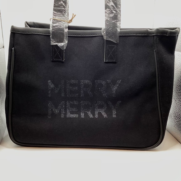 Mini Canvas Tote in Black: Merry Merry - New  Genuine leather handles stitched t - Picture 7 of 8